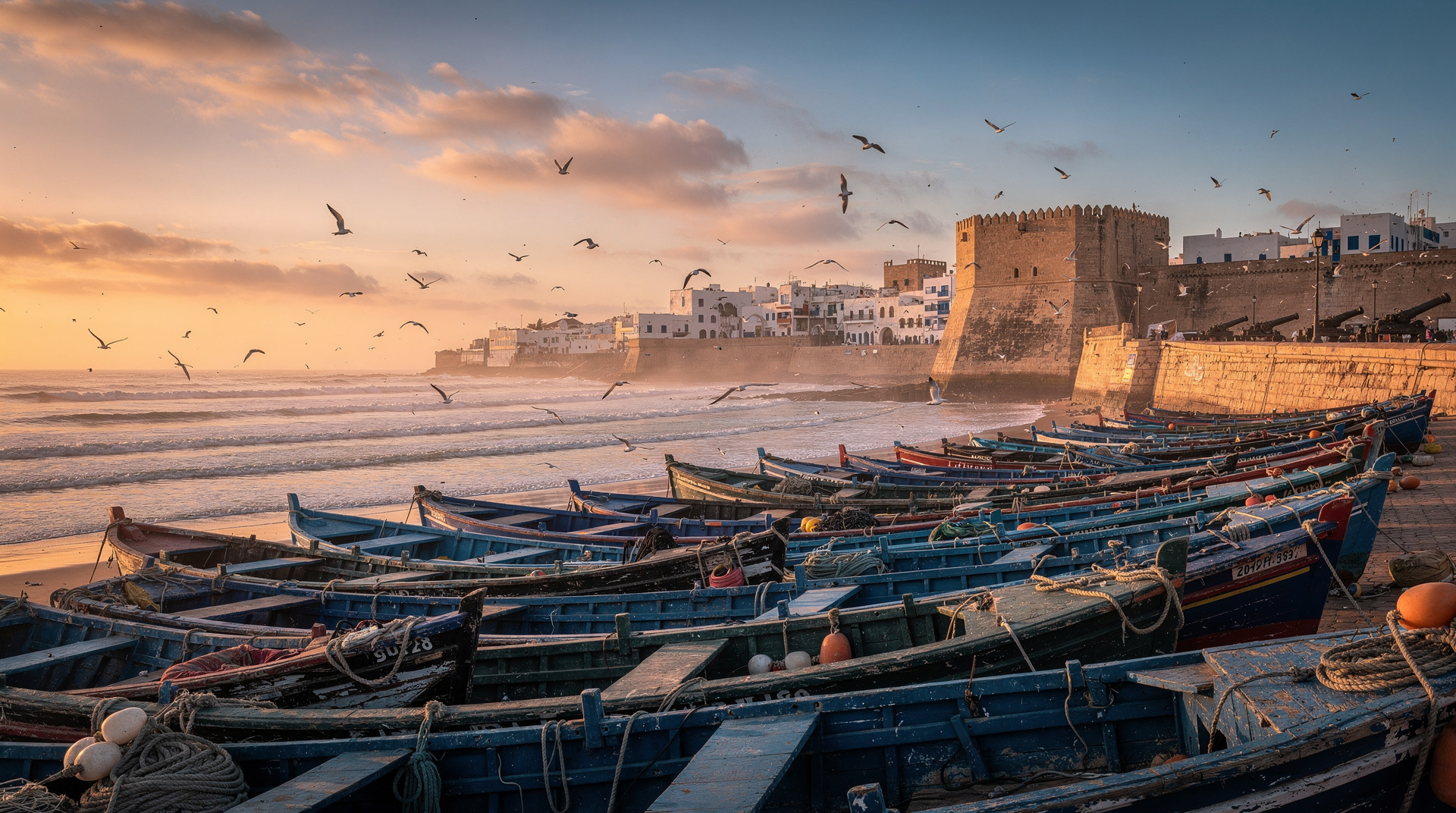 Barcas de pescadores y murallas de Essaouira al atardecer