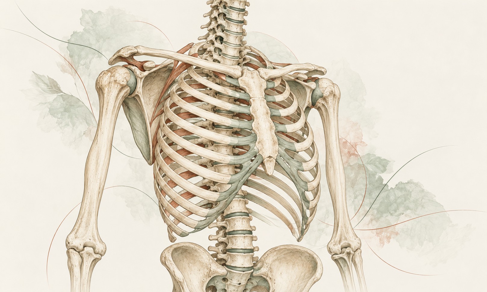 Ilustración de la caja torácica y la columna vertebral.