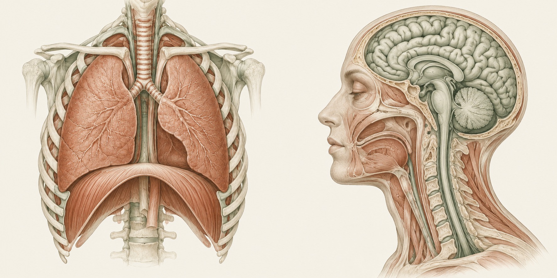 Ilustración anatómica en tonos marfil, salvia y terracota: a la izquierda, la caja torácica con los pulmones y el diafragma; a la derecha, un corte de perfil de la cabeza y el cuello que muestra el cerebro, el tronco encefálico, la columna cervical y el tracto vocal.